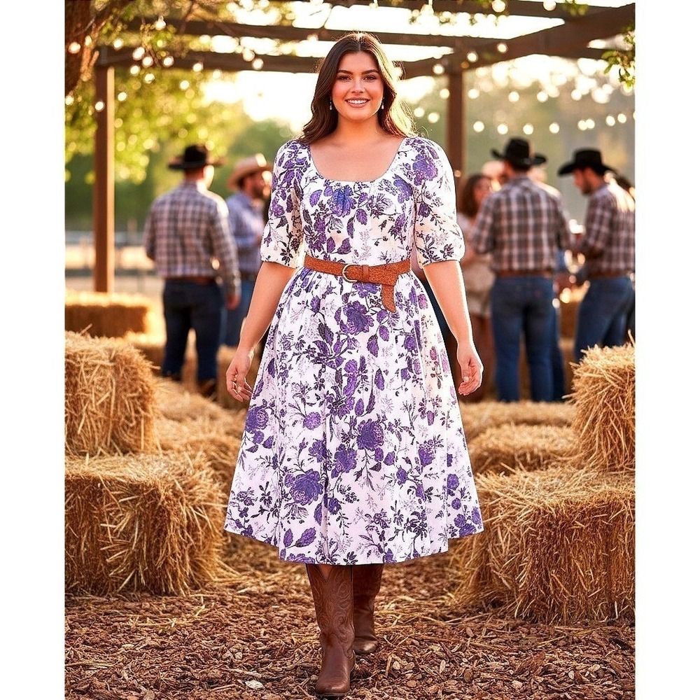 Blue & White Floral Cotton Western Midi Dress Women (3X) Floral Tiered Belted